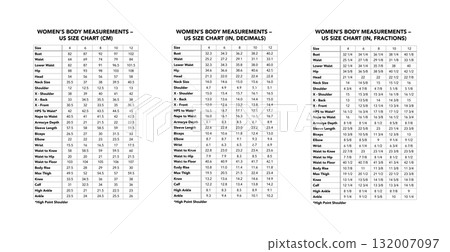 Women US size chart measurements in inches fractions centimeters decimals for bust, waist, hips, sleeve, shoulder 132007097