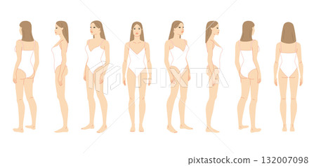Vector illustration of a 7 head woman in white swimsuit, displaying multiple angles including front, side, and back. 132007098