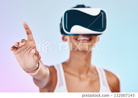 VR, hand interaction and woman isolated on gradient background metaverse, futuristic or 3d user experience. Virtual reality, high tech and happy person press for digital world or software in studio 132007143