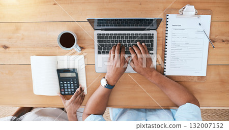 Laptop, calculator and senior couple hands for pension fund, asset management or budget in financial planning. Elderly people typing on computer, paperwork or documents in retirement or finance above Laptop, calculator and senior couple hands for pension fund, asset management or budget in financial planning. Elderly people typing on computer, paperwork or documents in retirement or finance above 132007152