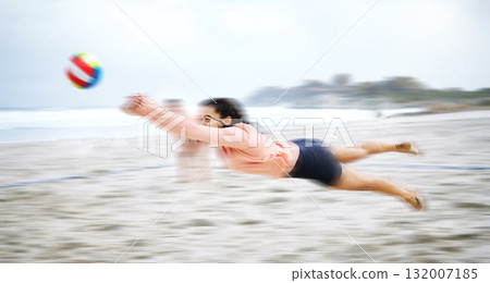 Beach volleyball, diving or sports woman playing a game in training or workout in summer together. Team fitness, dive action or active girl on sand in a fun competitive match in Sao Paulo, Brazil 132007185