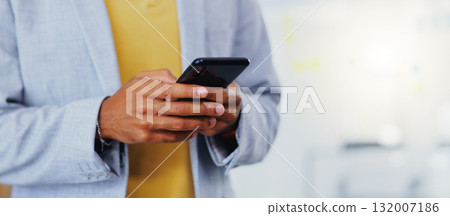 Closeup, man and hands with smartphone in office for online user, contact and reading professional chat. Employee typing on cellphone for networking, mobile app or scroll to social media notification Closeup, man and hands with smartphone in office for online user, contact and reading professional chat. Employee typing on cellphone for networking, mobile app or scroll to social media notification 132007186