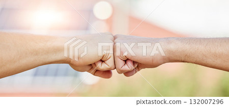 People, hands and fist bump for teamwork, success and greeting of trust, solidarity and support. Closeup of friends, community and partnership with hand for collaboration, motivation and cooperation 132007296