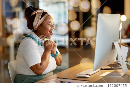 Excited black woman, computer and celebration for good news, winning or business promotion at office desk. African American female with smile in surprise celebrating bonus, win or success by PC 132007455