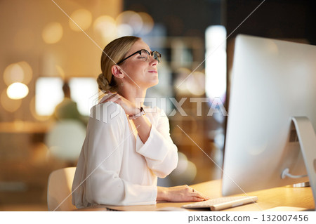 Night, business and woman shoulder pain, burnout and stress for planning, new project and inflammation. Ceo, female leader and manager working late, overworked and injury with bruise and emergency 132007456