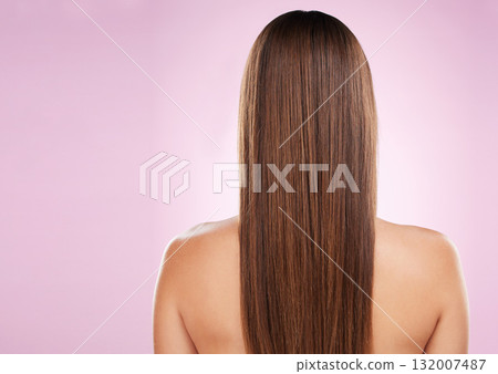 Hair, beauty and woman with back and haircare, mockup space and keratin treatment on pink background. Cosmetics shine, grooming and hairstyle, dandruff free and cosmetic care with female rear view Hair, beauty and woman with back and haircare, mockup space and keratin treatment on pink background. Cosmetics shine, grooming and hairstyle, dandruff free and cosmetic care with female rear view 132007487