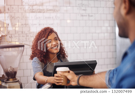 Happy woman, waitress and serving coffee cup to customer in cafeteria, restaurant shop and small business. Female barista, server and giving cappuccino drinks order with smile for friendly service Happy woman, waitress and serving coffee cup to customer in cafeteria, restaurant shop and small business. Female barista, server and giving cappuccino drinks order with smile for friendly service 132007499