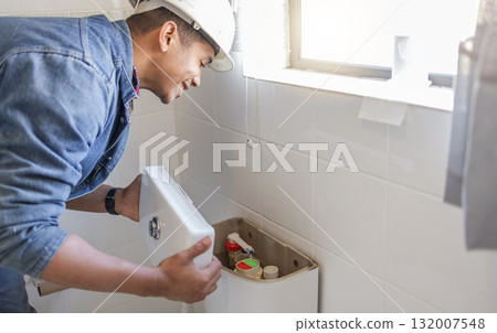 Toilet maintenance, plumber and man fix cistern, home renovation and builder service. Contractor, bathroom tank plumbing and handyman on industrial technician for leak, broken pipe and sewer drainage 132007548