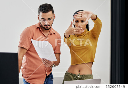 Hand frame, photography and creative team concept check with a woman art director. Camera shot hand gesture, creative assistant and studio project of photographer group with job focus and ideas Hand frame, photography and creative team concept check with a woman art director. Camera shot hand gesture, creative assistant and studio project of photographer group with job focus and ideas 132007549