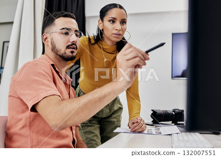 Photography group, production edit and collaboration of creative design employee after photoshoot. Studio. teamwork and magazine shoot planning of photographer agency workers with communication 132007551