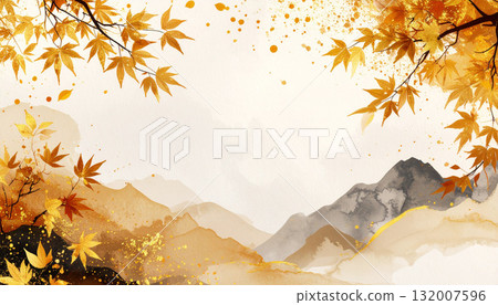 Japanese-style watercolor background with autumn mountains and autumn leaves 132007596