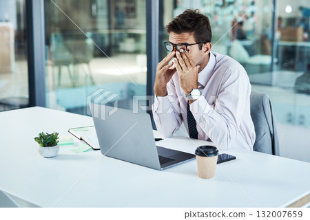 Stress, laptop and man with headache in office frustrated with glitch, mistake or crisis. Anxiety, migraine and male business person angry with fail, 404 or bad review, deadline report or burnout 132007659