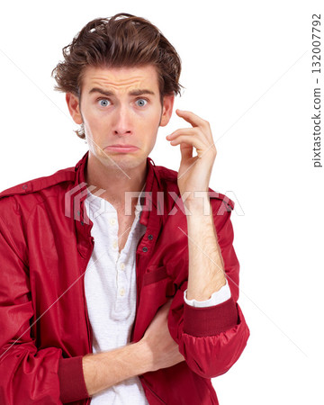 Confused, stress and man portrait in a studio with fear, anxiety and worried. Isolated, white background and male model face sad and fail expression with modern fashion feeling disappointed Confused, stress and man portrait in a studio with fear, anxiety and worried. Isolated, white background and male model face sad and fail expression with modern fashion feeling disappointed 132007792