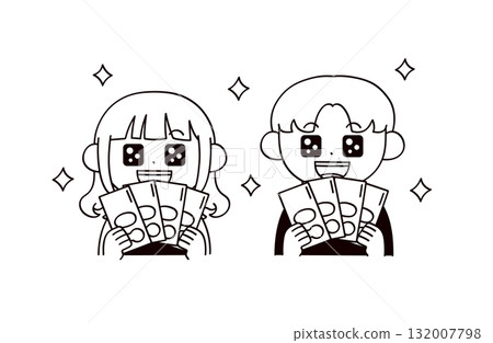 Illustration of two men and women holding banknotes Illustration of two men and women holding banknotes 132007798