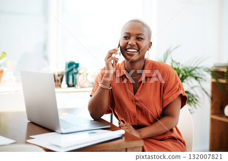 Phone call, communication and happy black woman with laptop for contact, connection and networking. Corporate office, business and female worker on smartphone for conversation, discussion and chat 132007821