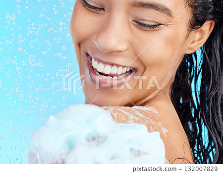 Shower, soap foam and black woman cleaning body with liquid for hydration wash, beauty healthcare or skincare hygiene. Self care studio, spa salon and happy model face isolated on blue background 132007829