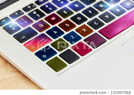 Laptop keyboard, color and technology for work, business and internet on a table. Digital, creative and pc computer for electronic entertainment, gaming or web on a desk for streaming and creativity Laptop keyboard, color and technology for work, business and internet on a table. Digital, creative and pc computer for electronic entertainment, gaming or web on a desk for streaming and creativity 132007868