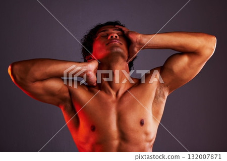 Light, relax and man profile in a studio with art lighting and creative thinking with muscles. Art, isolated and gray background of an attractive male model with artistic, sensual and posing Light, relax and man profile in a studio with art lighting and creative thinking with muscles. Art, isolated and gray background of an attractive male model with artistic, sensual and posing 132007871