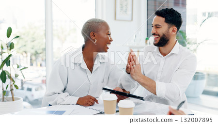 Tablet, teamwork and business people high five, happy in office for success and achievement of target. Technology, hands together and celebration of goal in meeting, winner of bonus and funny laugh 132007895