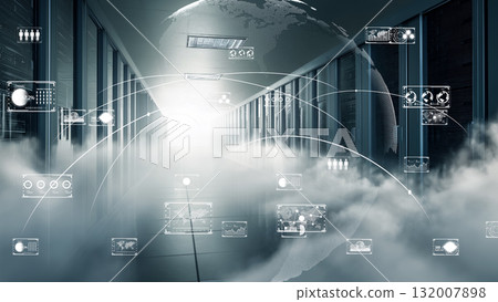 Fiber optic communications through virtual space, digital globe and server room 132007898