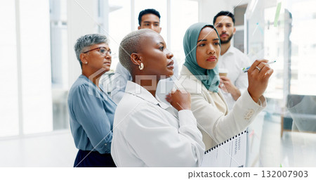 Planning, writing and business people in office for solution, brainstorming or schedule management idea. Agenda, goals and creative team together for problem solving, training or target and research Planning, writing and business people in office for solution, brainstorming or schedule management idea. Agenda, goals and creative team together for problem solving, training or target and research 132007903