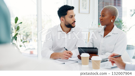 Tablet, diversity or business people research in office building on marketing strategy, web SEO growth or collaboration. Teamwork, smile or workers on tech planning, social media or network blog news 132007904