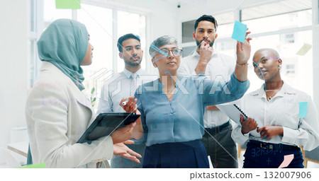 Planning, writing and business people with sticky notes, brainstorming and meeting with research, support and cooperation. Group, manager and employees with ideas, project and feedback with teamwork 132007906