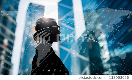 A symbol of the future of business where urban female leaders and augmented reality data intersect 132008026