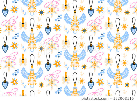 Cute Christmas and New Year seamless pattern in cartoon style. Holiday decor, gift, bows, winter, stars, Christmas toys, cozy atmosphere. Festive seasonal textile. Printable wrapping paper design. 132008116