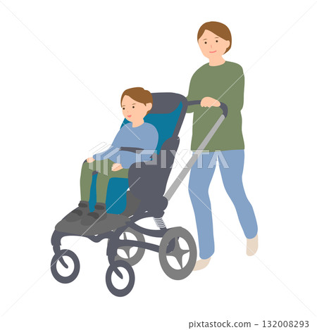 坐在兒童輪椅上的男孩和母親 132008293