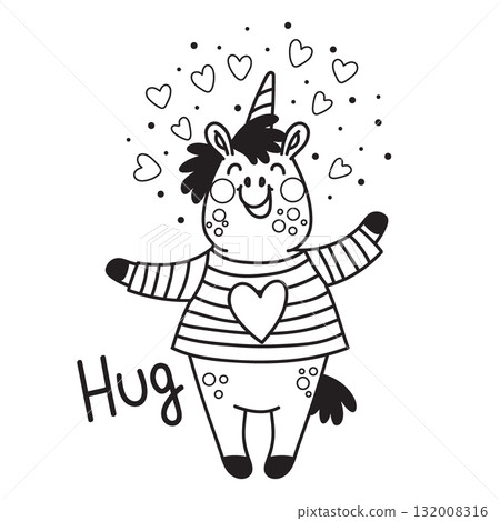 Cute unicorn unicorn wants to hug coloring vector illustration 132008316