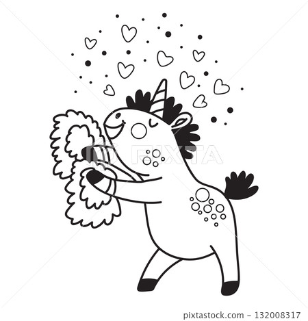 Cute unicorn cheerleader coloring vector doodle illustration 132008317