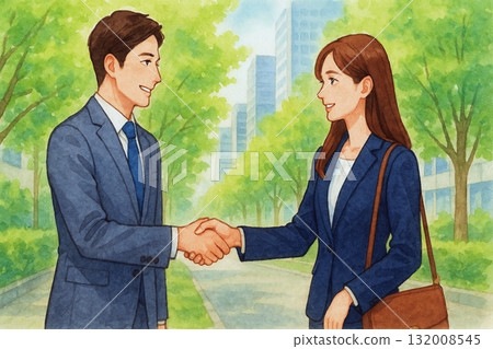 商業夥伴握手：春天的街角描繪了信任的時刻 132008545
