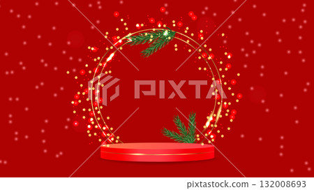 Festive Luxury Holiday podium Christmas New Year. Postcard banner design. For festive marketing ads web banner and seasonal event promotion. Vector illustration. 132008693