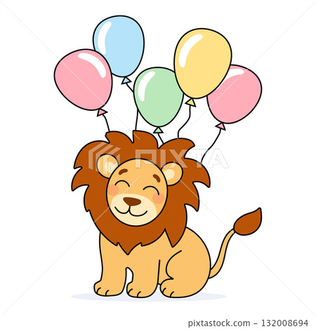 Cute baby lion with colorful balloons illustration Cute baby lion with colorful balloons illustration 132008694