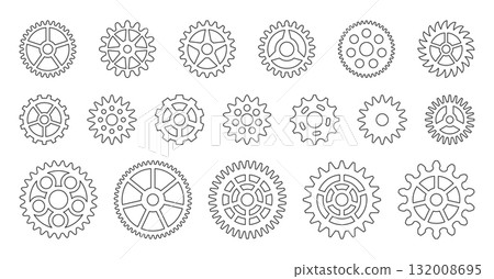 Gears black line icon set. Outline sketch of varied sizes cogwheels. Toothed wheels on white background. Rotating circle cogs with different gear hub pattern. Spinning sprockets linear ring form Gears black line icon set. Outline sketch of varied sizes cogwheels. Toothed wheels on white background. Rotating circle cogs with different gear hub pattern. Spinning sprockets linear ring form 132008695
