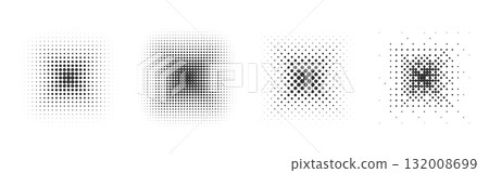 Halftone gradient squares set. Abstract dotted square shape. Rectangular fading patterns, retro comic textured quadrate silhouette, minimal monochrome stippling geometric point graphic shading effect Halftone gradient squares set. Abstract dotted square shape. Rectangular fading patterns, retro comic textured quadrate silhouette, minimal monochrome stippling geometric point graphic shading effect 132008699