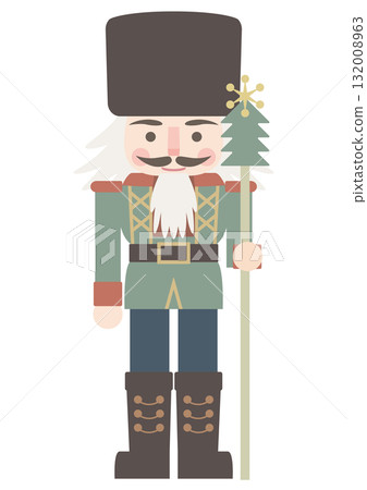 柔和的彩色胡桃夾子,身穿綠色制服的士兵的向量插圖 柔和的彩色胡桃夾子,身穿綠色制服的士兵的向量插圖 132008963