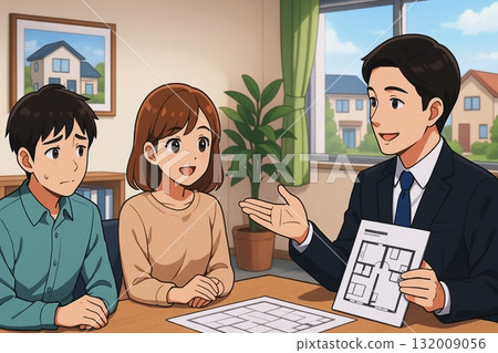 一對夫婦和一位銷售代表進行家居設計諮詢的動漫風格商業插畫 一對夫婦和一位銷售代表進行家居設計諮詢的動漫風格商業插畫 132009056