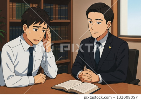 Anime-style business illustration of a man consulting a lawyer for legal advice 132009057