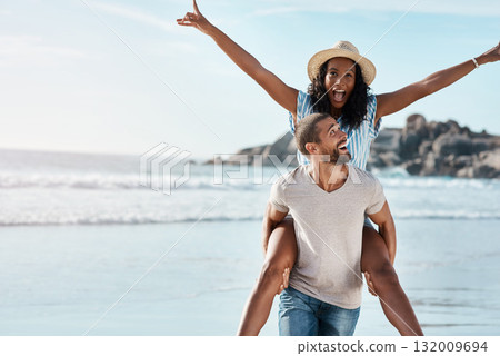 Beach adventure, piggyback and excited couple with space on summer holiday travel to ocean. Love, man and happy woman at sea, happiness on date in nature and vacation together in Mexico with mockup. Beach adventure, piggyback and excited couple with space on summer holiday travel to ocean. Love, man and happy woman at sea, happiness on date in nature and vacation together in Mexico with mockup. 132009694