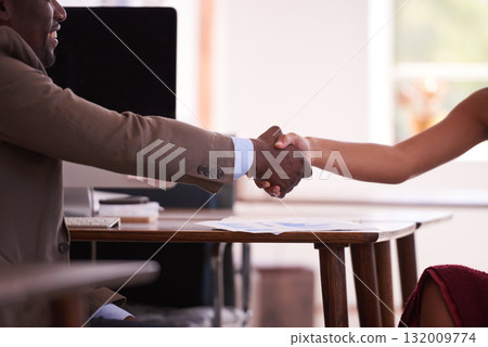 Closeup, business people and handshake in meeting, partnership introduction and team collaboration. Employees shaking hands in support, success and b2b networking for opportunity, trust and thank you 132009774