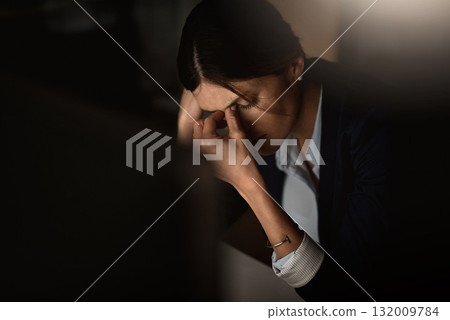 Depression, headache and business woman pain at night for migraine, burnout or mental health risk and stress. Depressed, anxiety or tired corporate person with mistake, frustrated or fatigue problem Depression, headache and business woman pain at night for migraine, burnout or mental health risk and stress. Depressed, anxiety or tired corporate person with mistake, frustrated or fatigue problem 132009784