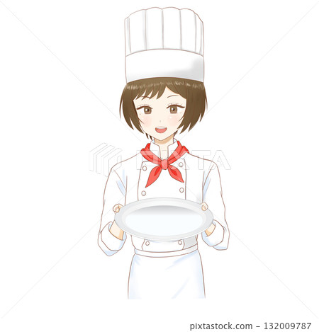 Illustration of a female pastry chef holding a plate on a transparent background 132009787