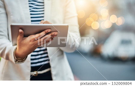 Tablet, city and hands of business woman typing for networking, online website and social media. Communication, travel mockup and female person on digital tech for internet, research and contact Tablet, city and hands of business woman typing for networking, online website and social media. Communication, travel mockup and female person on digital tech for internet, research and contact 132009804