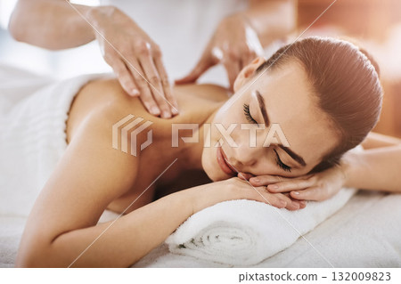 Relax, calm and massage with woman in spa for wellness, luxury and cosmetics treatment. Skincare, peace and zen with female customer and hands of therapist for physical therapy, salon and detox Relax, calm and massage with woman in spa for wellness, luxury and cosmetics treatment. Skincare, peace and zen with female customer and hands of therapist for physical therapy, salon and detox 132009823