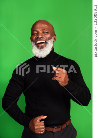 Happy, dance and portrait of black man on green screen for celebration, music or excited. Happiness, smile and energy with senior person dancing isolated on studio background for freedom and movement Happy, dance and portrait of black man on green screen for celebration, music or excited. Happiness, smile and energy with senior person dancing isolated on studio background for freedom and movement 132009912