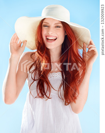 Happy woman, portrait and summer hat on blue sky with style, confidence and smile for outdoor vacation. Female person laughing in sunshine with fashion, head accessory and freedom to relax on holiday 132009923