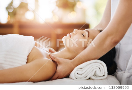 Skincare, beauty and massage with woman in spa for wellness, luxury and cosmetics treatment. Relax, peace and zen with female customer and hands of therapist for physical therapy, salon and detox 132009993