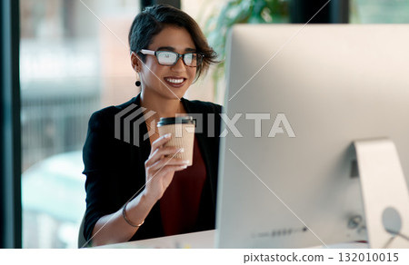 Business woman, coffee and computer in office planning, reading report and editing for online and creative project. Inspiration, happy ideas and professional worker or person with drink on desktop pc Business woman, coffee and computer in office planning, reading report and editing for online and creative project. Inspiration, happy ideas and professional worker or person with drink on desktop pc 132010015